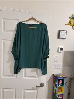 Relaxed Teal Blouse with Smocked Sleeves - Women Tops